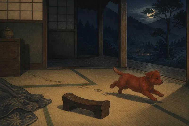 枕元を走る赤い子犬のイメージ挿絵