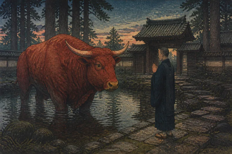 伊東の読経で鎮まる赤牛のイメージ挿絵