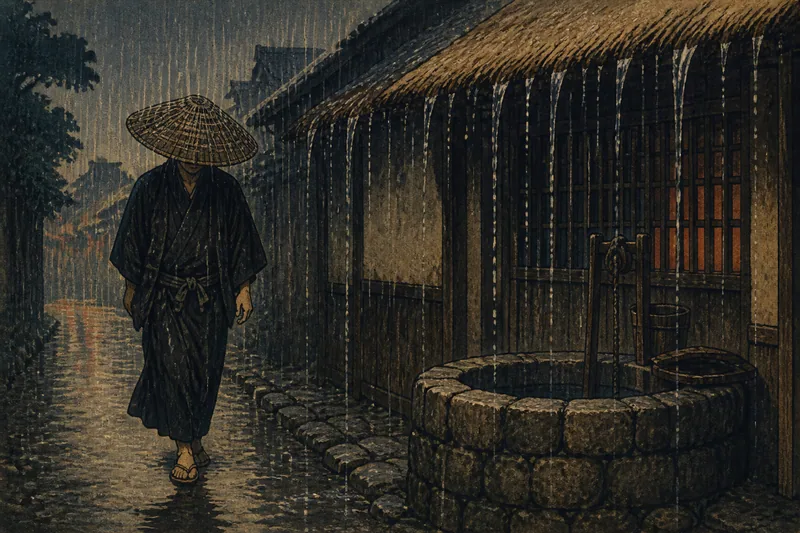 雨の夜、井戸端を歩く男のイメージ挿絵