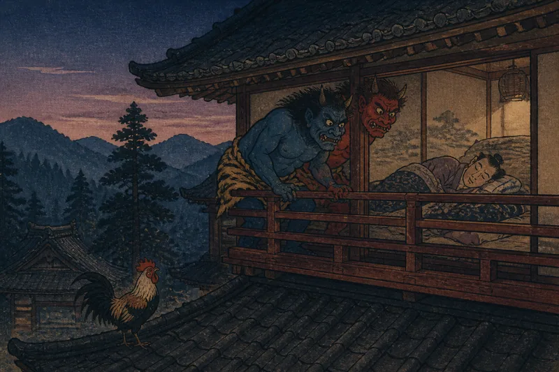 夜明けを告げる鶏と鬼のイメージ挿絵
