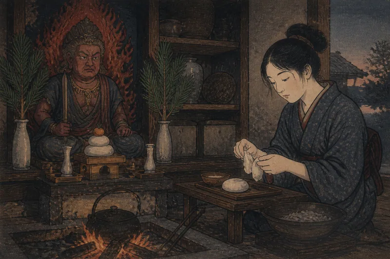 小城の荒神餅を手で開く習わしのイメージ挿絵