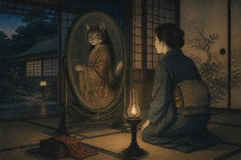 塙町の鏡に映る化け猫のイメージ挿絵