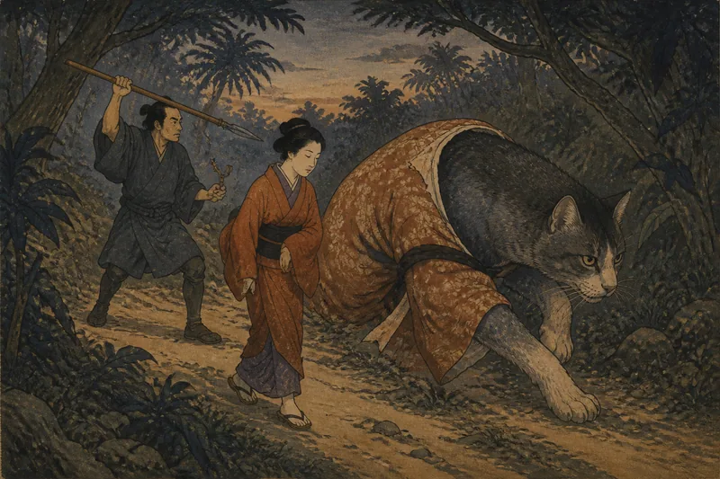 龍郷の吸い口を噛む化け猫のイメージ挿絵