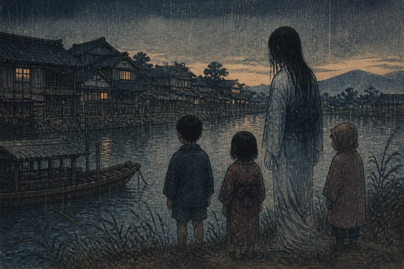 鮭川の雨夜に現れる母子亡霊のイメージ挿絵