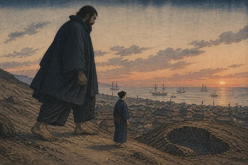 横浜の海を一跨ぎする巨人のイメージ挿絵