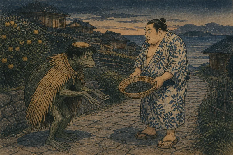 伊方の餅を馬糞に替える河童のイメージ挿絵