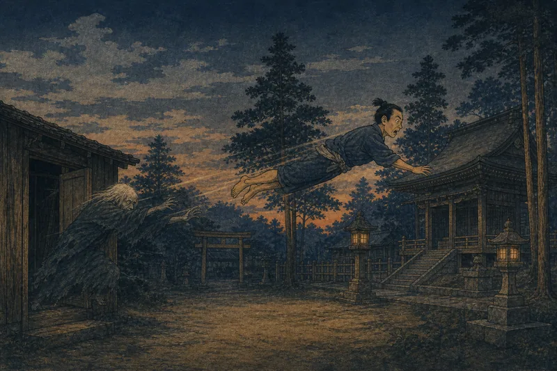 三条の塚山で人を投げる狗賓のイメージ挿絵