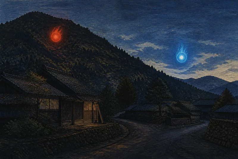 飯舘の山にぶつかる赤い火の玉のイメージ挿絵