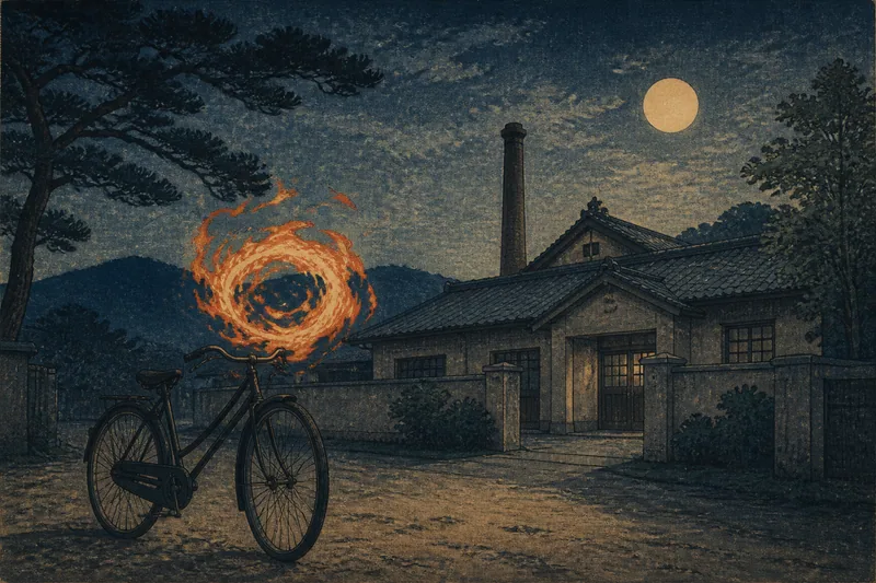 松山市の自転車に絡む火の玉のイメージ挿絵