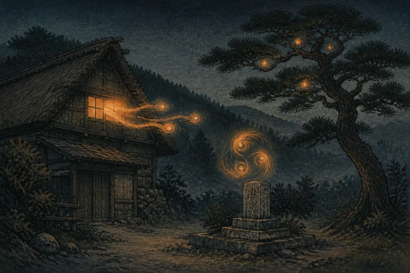 南関の墓地を飛ぶ三つの火の玉のイメージ挿絵