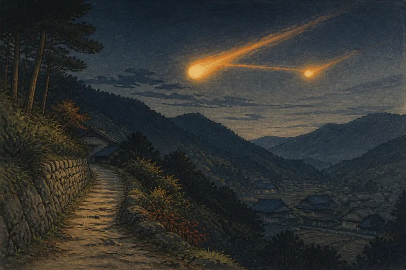 大洲の夜空で分かれる火の玉のイメージ挿絵