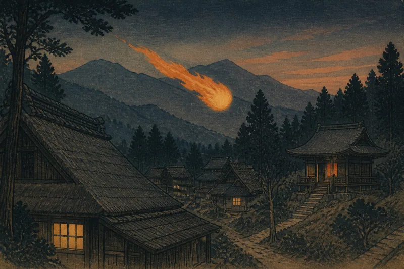 都留の屋根を飛ぶ火の玉のイメージ挿絵