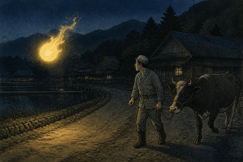 恵那の夜道を通る黄色い人魂のイメージ挿絵