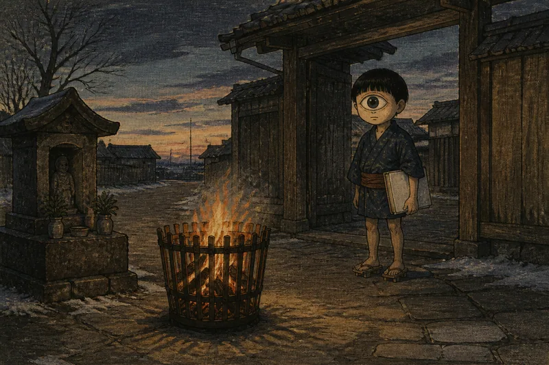 横浜の帳面を焼かれる一つ目小僧のイメージ挿絵