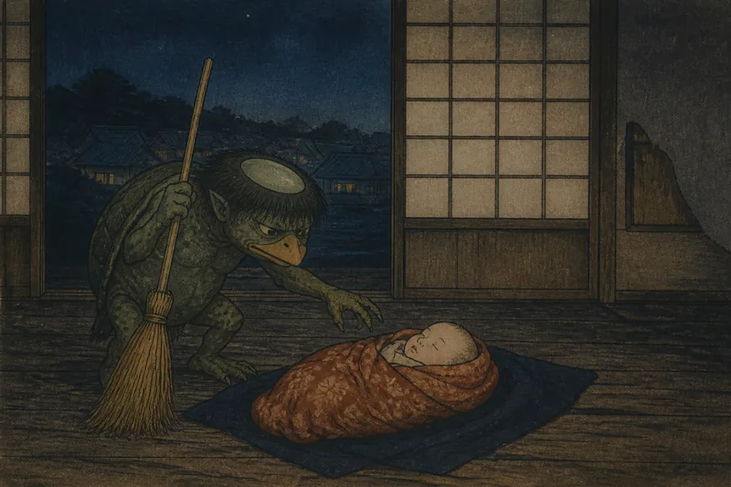 箒を粗末にすると子を取りに来る箒神のイメージ挿絵