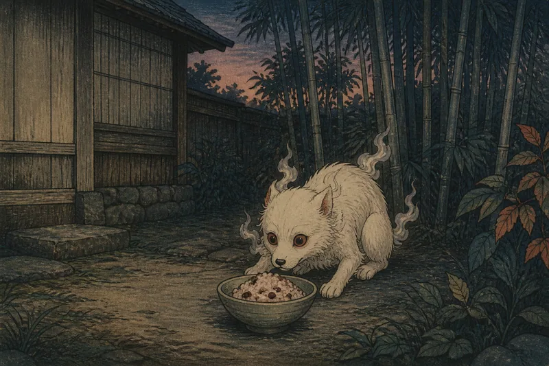 杵築の小豆飯を捨てる犬神のイメージ挿絵