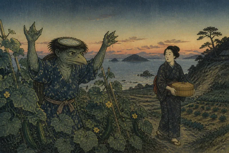 天草の畑を荒らす河童のイメージ挿絵