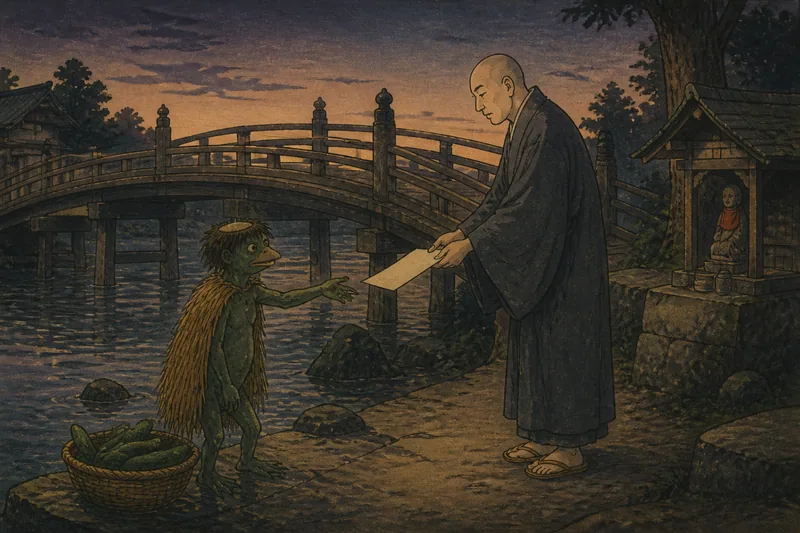 郡上市の河童を追う僧の詫び証文のイメージ挿絵