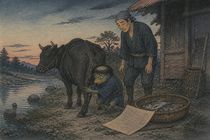 美浜町の河童の詫び状と魚のイメージ挿絵