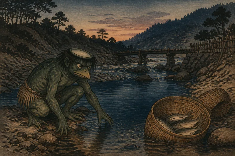 関市の油膜で溺れさせる河童のイメージ挿絵