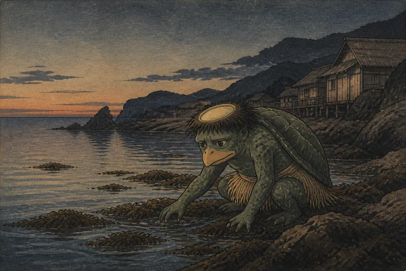 周防大島の夕暮れ海辺の河童のイメージ挿絵