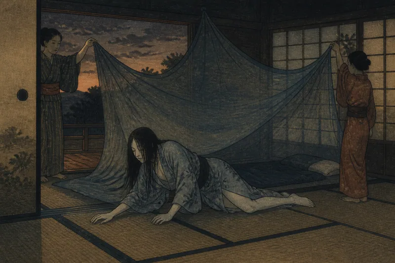三人で張る蚊帳の化物のイメージ挿絵