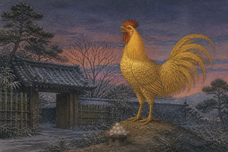 多治見の元旦に鳴く金鶏塚のイメージ挿絵
