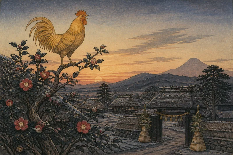 元日に鳴く金の鶏のイメージ挿絵