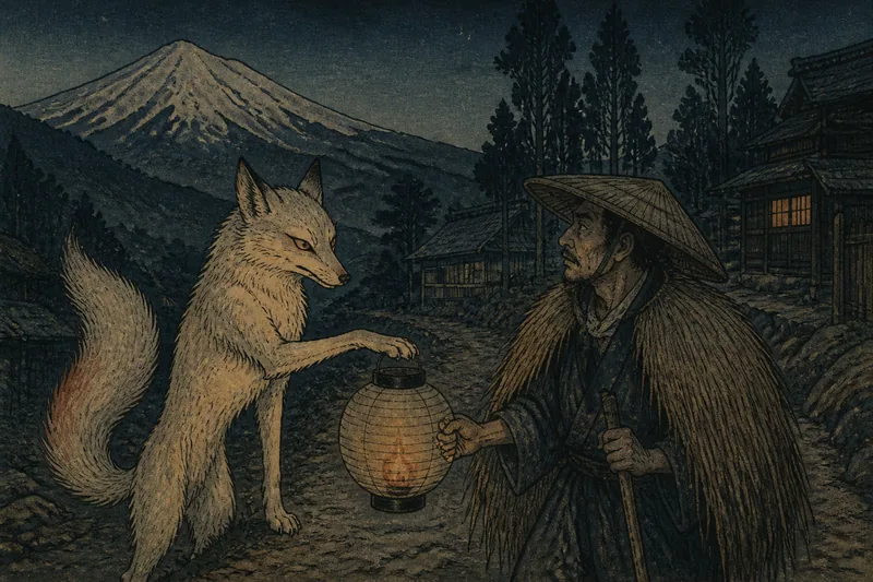 白山市の狐化かしと夜道のイメージ挿絵