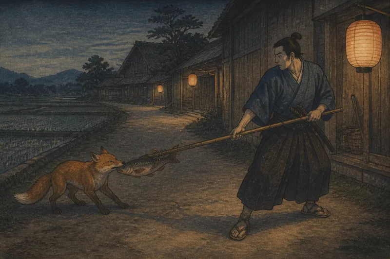 角田の夜道で魚を奪う狐のイメージ挿絵