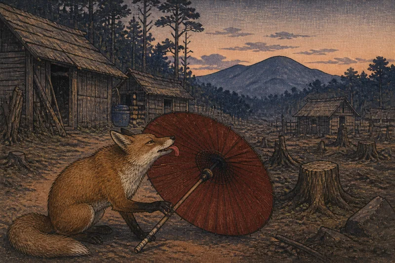 川上の唐傘を奪う狐のイメージ挿絵
