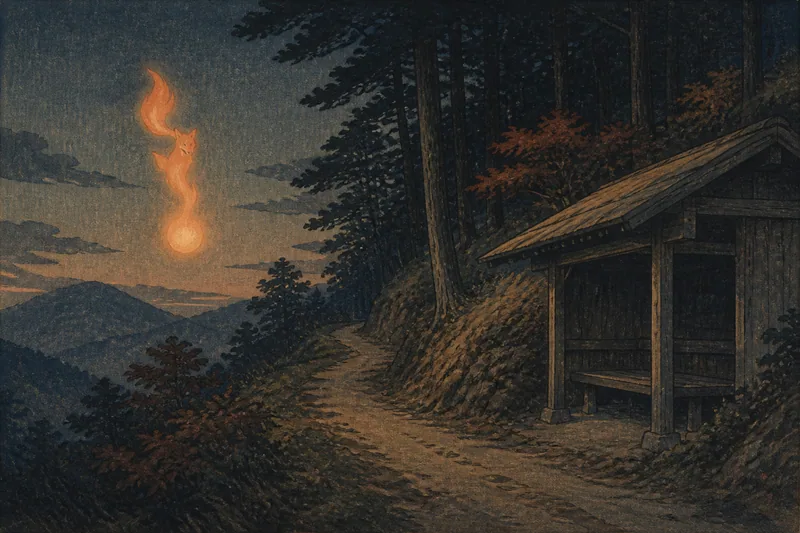 花巻の山道を消える狐火のイメージ挿絵