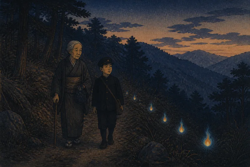 山形市の山裾の狐火のイメージ挿絵