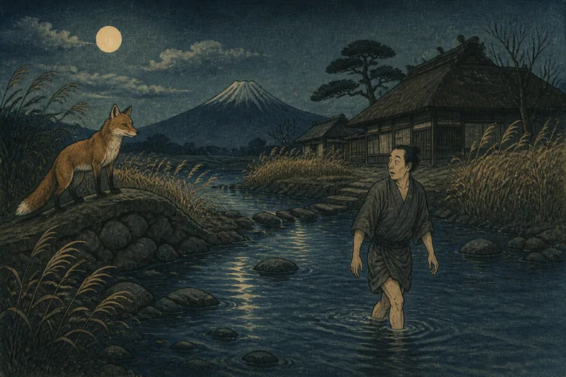 富士吉田の川を歩かせる狐の化かしのイメージ挿絵