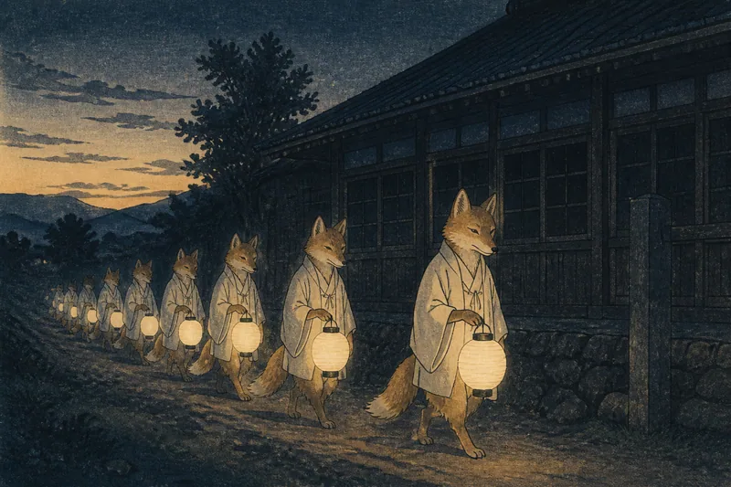 夜学の帰りに見た狐の嫁取りのイメージ挿絵
