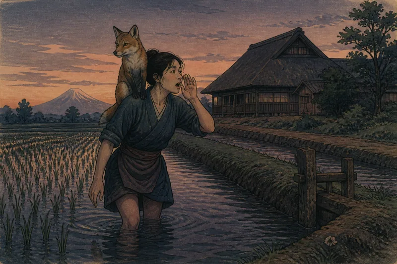 富士吉田の川で田植えを叫ぶ狐憑きのイメージ挿絵