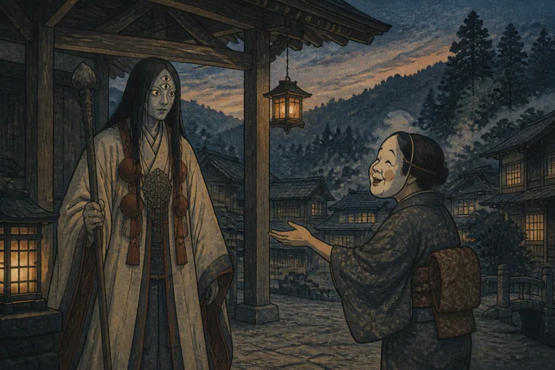 下呂の三つ目庚申とおかめのイメージ挿絵