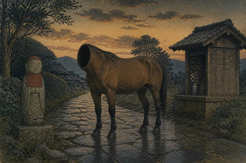 松山市の夜道を走る首なし馬のイメージ挿絵