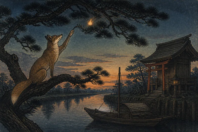 岩沼の松に灯す狐火のイメージ挿絵