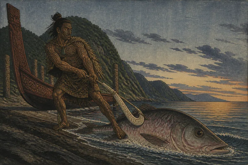 巨大魚を釣るマウイのイメージ挿絵
