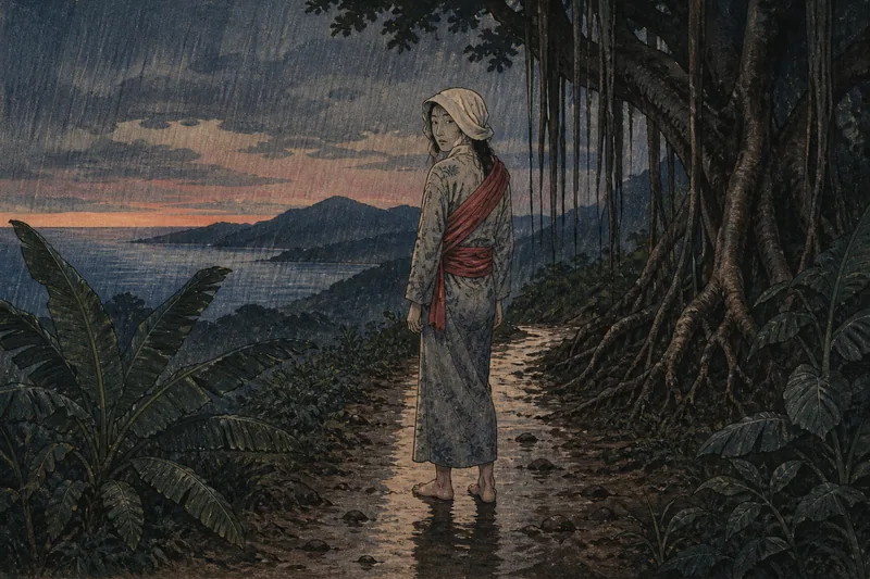 奄美の雨の山道に現れるマヨナムンのイメージ挿絵