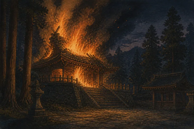 岐阜の稲葉山鳴動と拝殿の火のイメージ挿絵
