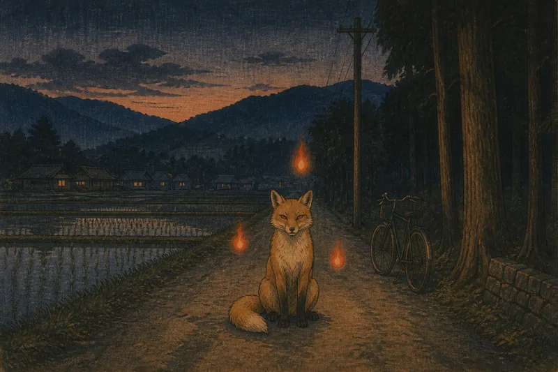 上田の夜道に出る狐火と妖怪のイメージ挿絵