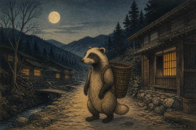 木曽の夜道に出るムジナのイメージ挿絵