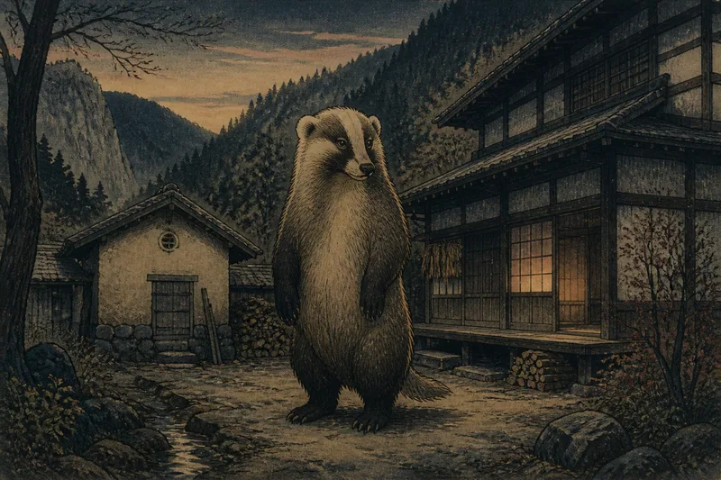 豊丘の山と屋敷のムジナのイメージ挿絵