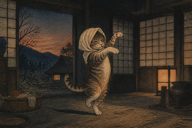 頭巾かぶりで踊る猫のイメージ挿絵