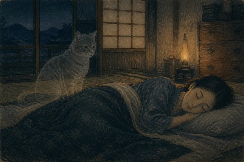 金山町の枕元に現れる猫のイメージ挿絵