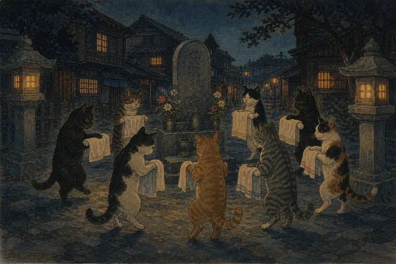 横浜の手拭を盗む猫の踊りのイメージ挿絵
