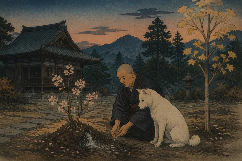身延町の日蓮と白犬の銀杏のイメージ挿絵