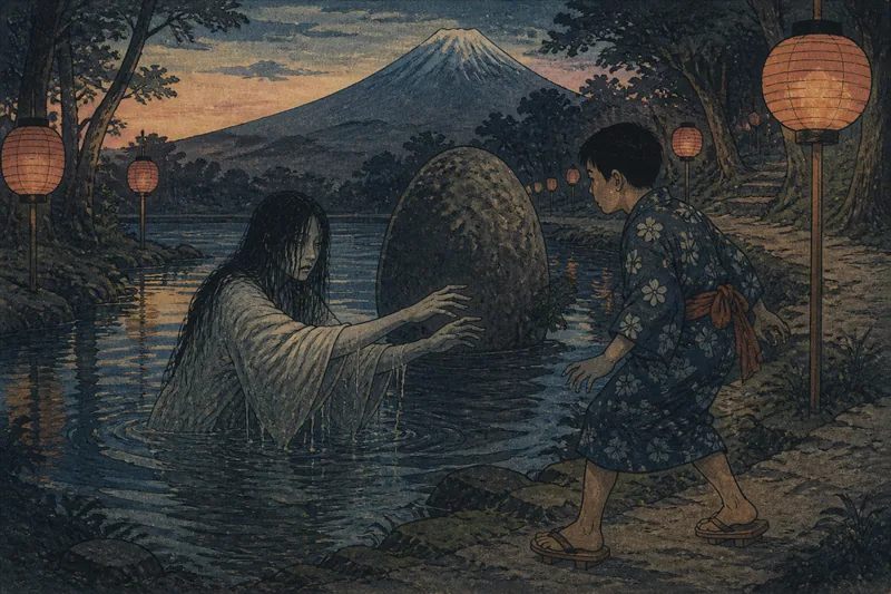 富士の淵で子の足を引く怨霊のイメージ挿絵